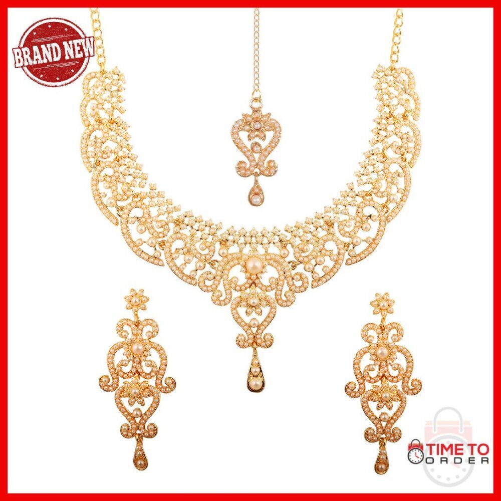 Traditional Indian Bridal Jewelry Set with Necklace Earrings Maang Tikka